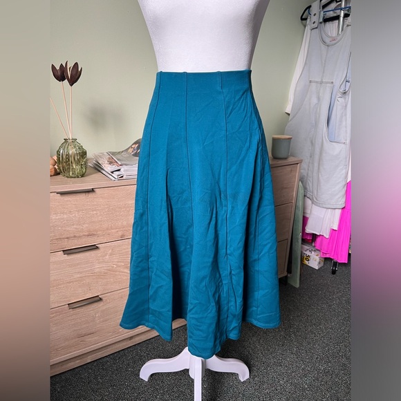 Torquoise Blue Green Midi Knee-Length Panel Pleated Stretch Full Circle Skirt M - Picture 2 of 15
